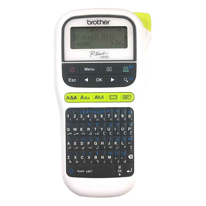 Brother PT-H110 Handheld Label Printer with Graphical Display, Up to 120mm TZe Tape, 20mm / sec Print Speed, ENG, ARB, Farsi QWERTY K/B, 3 Fonts & 250 Symbols, One-Touch Keys, ‎Black-White | PTH110