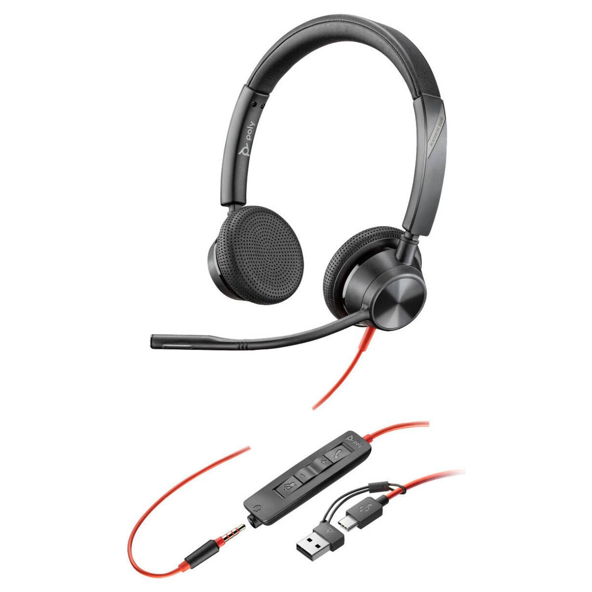 Poly Blackwire 3325 Stereo USB-C Headset, USB-C & 3.5mm Connectivity, USB-C to USB-A Adapter, Noise-Canceling Microphone, Stereo Audio, Black | 8X221AA