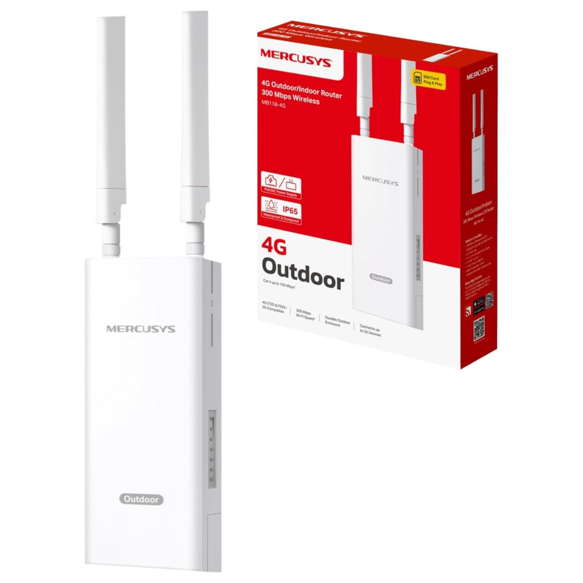 MERCUSYS MB118-4G Outdoor 4G LTE Router | N300 Wi-Fi 4 | 150 Mbps Cat 4 | Nano SIM | PoE | IP65 Weatherproof