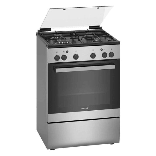 Siemens iQ300 Free-Standing Gas Cooker HG2L10B51M, 2 Standard, 1 Economy, 1 Rapid Burners, Glass Cover Lid, Knob Control Interface, Stainless Steel