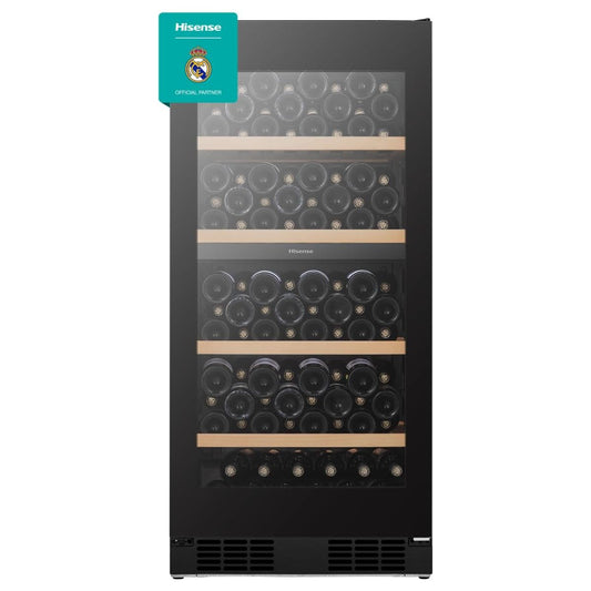 Hisense RW3N230GALF Wine Cooler, 108 Bottle Capacity, Dual Temperature Zone, Low Noise Operation, Reversible Door, Black