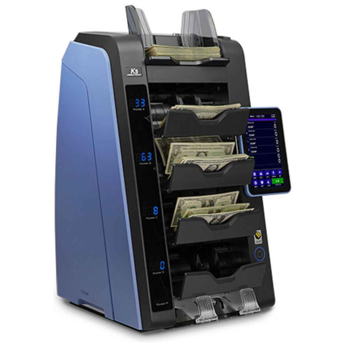 Kisan K5 Desktop high speed 4+1 Pocket Fitness Sorter, 1000 Banknotes Hopper Capacity, 200 Banknotes Stacker Capacity, 20 Auto/Mix (20), Face & Orientation, S/N (OCR), Up to 48 Currencies