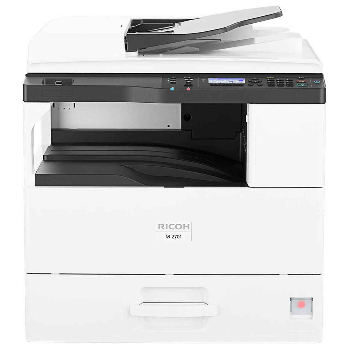 Ricoh M 2701 A3 Black & White Multi-Function Laser Printer, Copy, Print, Scan, 4-Line LCD Operation Panel, Prints Up to 27 ppm Speed, 600 x 600 dpi Resolution, 600 Standard Input Sheet, White | M 2701