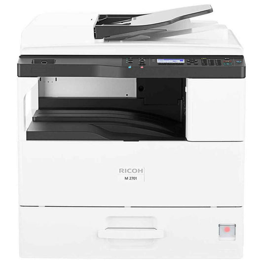 Ricoh M 2701 A3 Black & White Multi-Function Laser Printer, Copy, Print, Scan, 4-Line LCD Operation Panel, Prints Up to 27 ppm Speed, 600 x 600 dpi Resolution, 600 Standard Input Sheet, White | M 2701