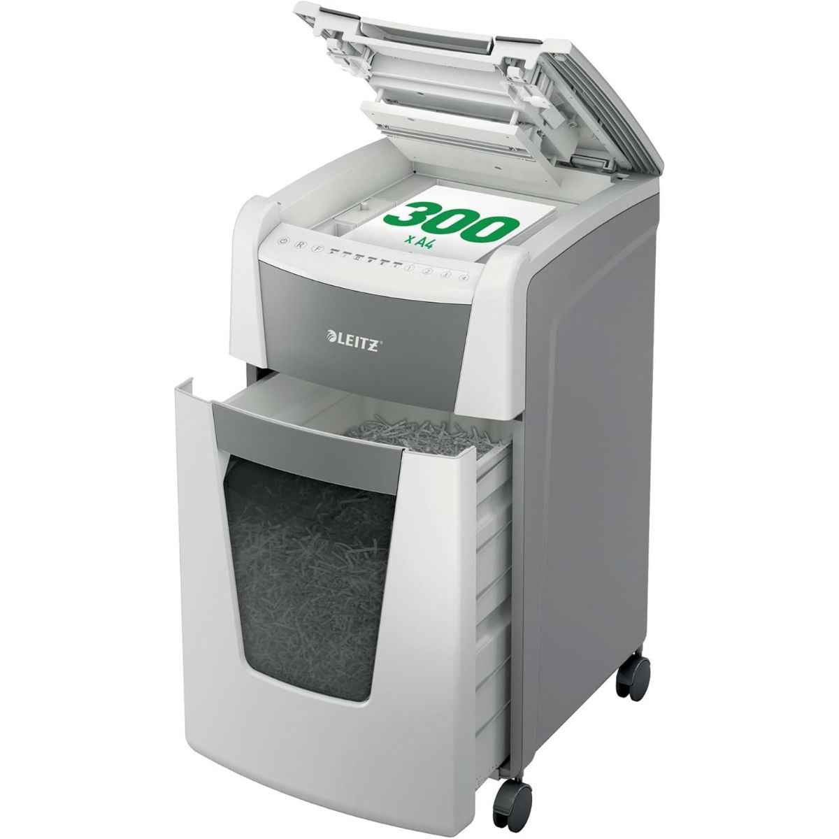 Leitz IQ Autofeed Office Particle Cut Shredder P4, 300 Sheets, 60L Waste Bin, White, 80150000