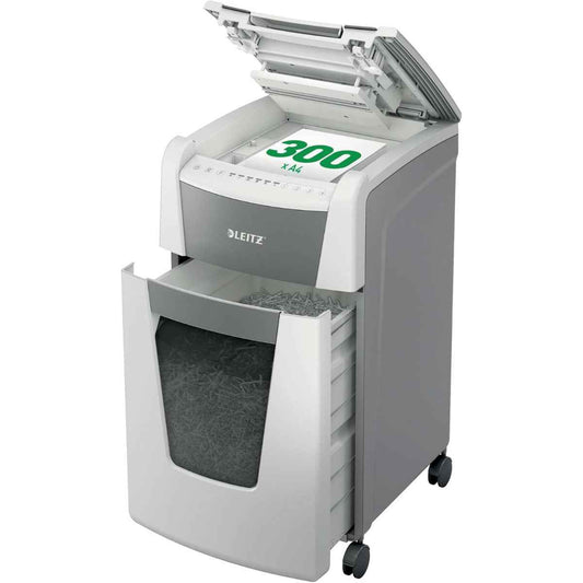 Leitz IQ Autofeed Office Particle Cut Shredder P4, 300 Sheets, 60L Waste Bin, White, 80150000