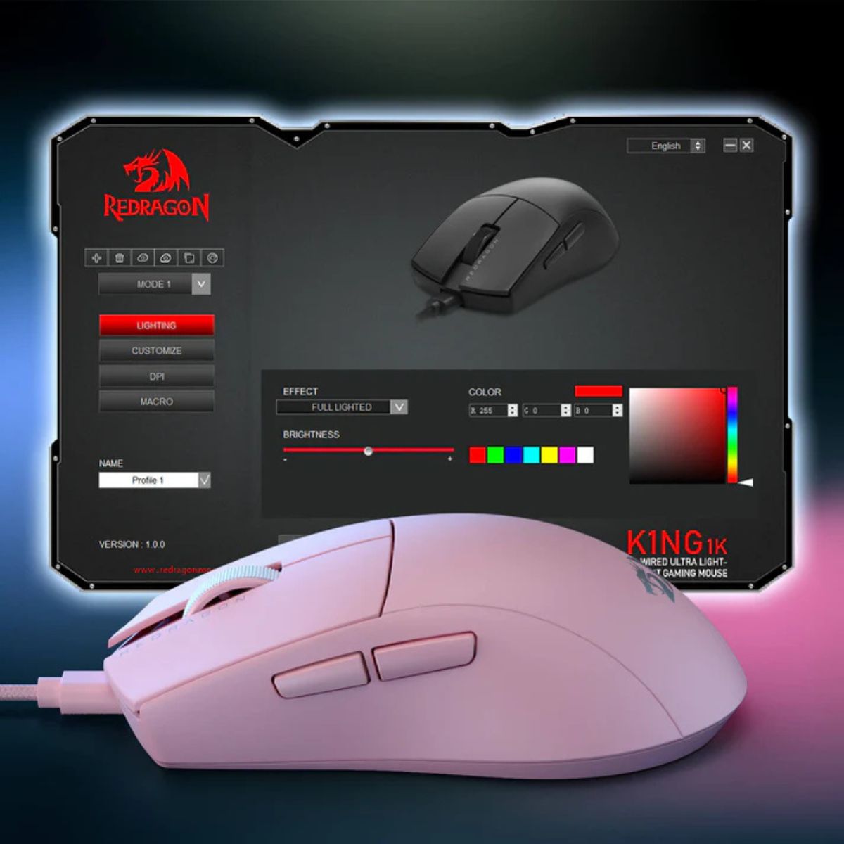 Redragon K1NG M724 Wired Gaming Mouse | 1000Hz Polling Rate | High-Precision Optical Sensor | Black / White / Pink
