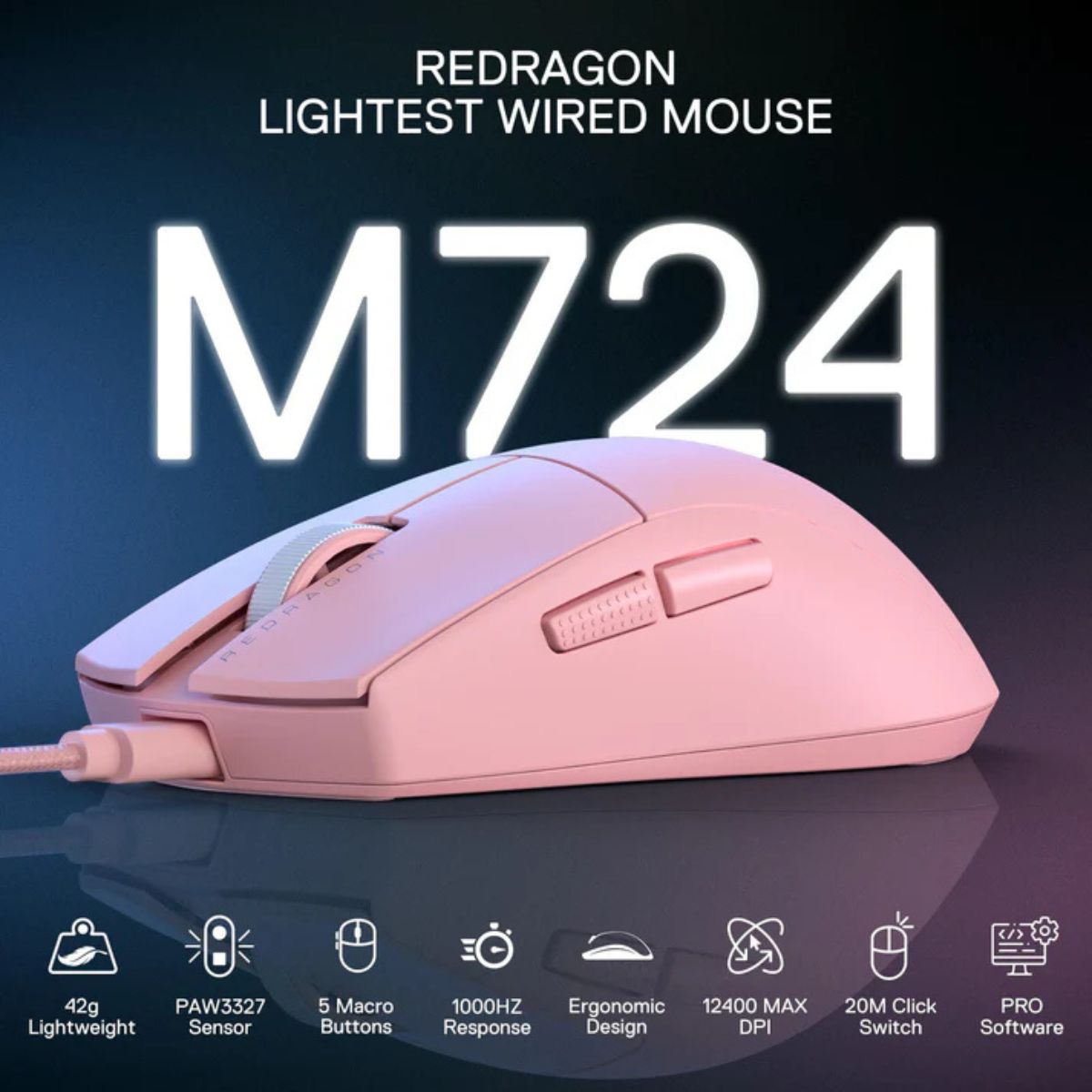 Redragon K1NG M724 Wired Gaming Mouse | 1000Hz Polling Rate | High-Precision Optical Sensor | Black / White / Pink