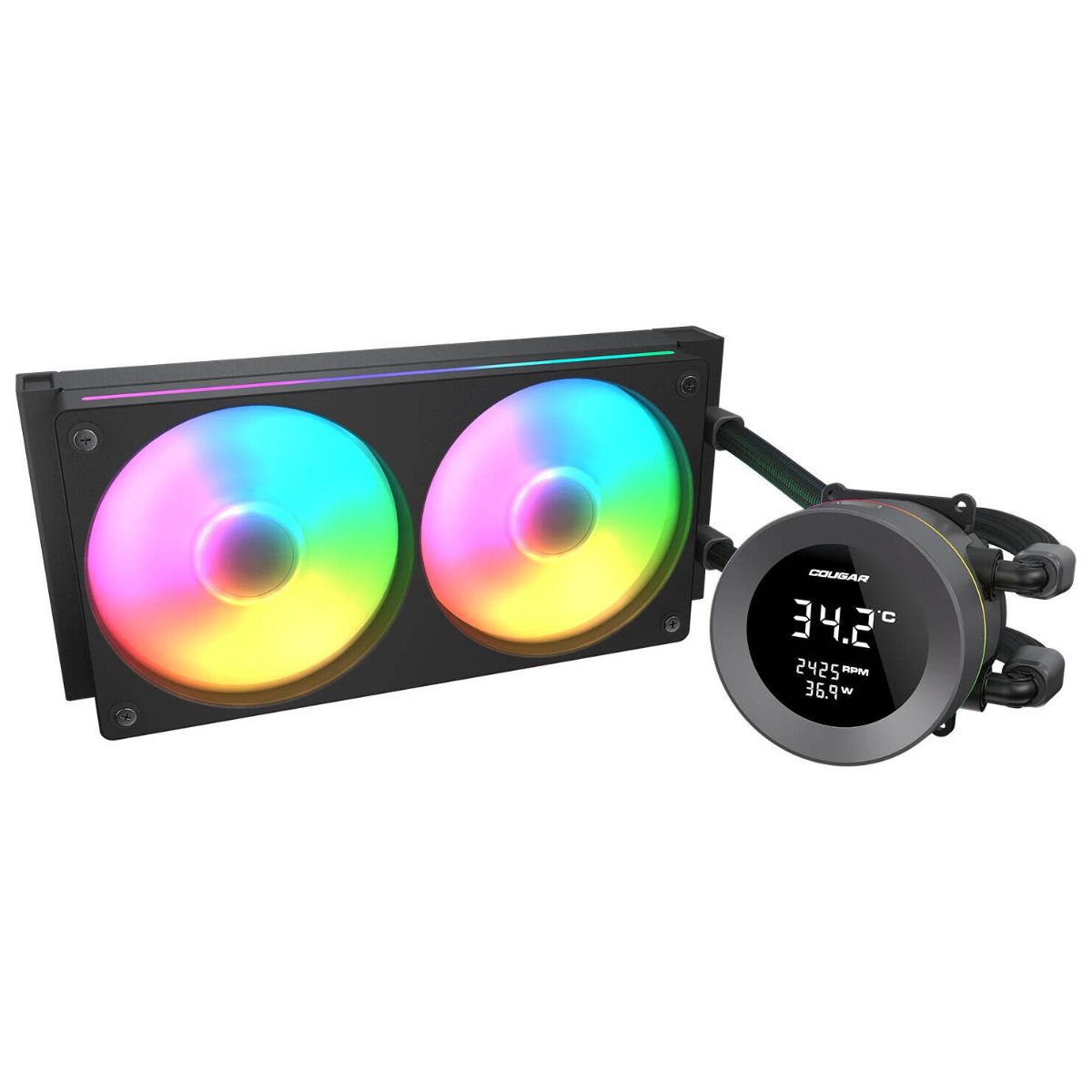 COUGAR Poseidon Vistek ARGB 240 Liquid CPU Cooler | 240mm AIO | 1.9" Digital Display | 2500 RPM PWM Fans | 78.2 CFM Airflow | Copper Cold Plate | Black | 3MPVA240.0001
