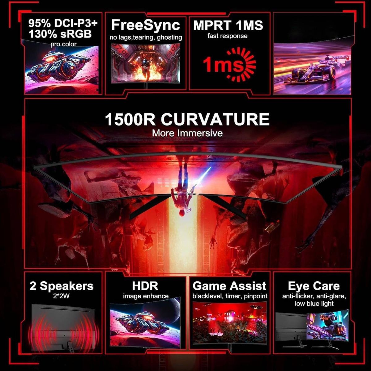 Sansui ES-G27C1 27" Curved Gaming Monitor – 180Hz, 1ms (MPRT), 1500R, Fast VA, FreeSync, HDR (Black)