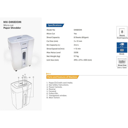 Maxi Micro Cut Shredder MX-DM800M – High Security Micro-Cut, 8-Sheet Capacity, 2×12mm Shred Size, 15L Bin, P-5 Security Level, Black/Grey
