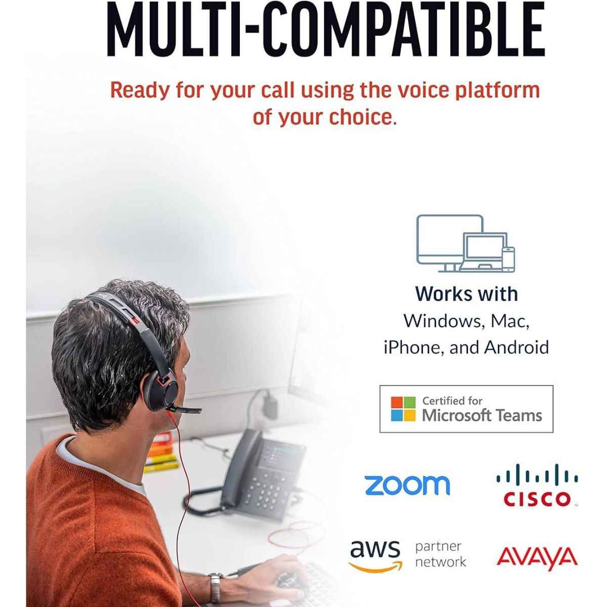 HP Poly Blackwire 5220 Stereo USB-A Headset, Dual Ear (Stereo) Computer Headset with Boom Mic - USB-A, 3.5 mm to connect to your PC, Mac, Tablet and/or Cell Phone