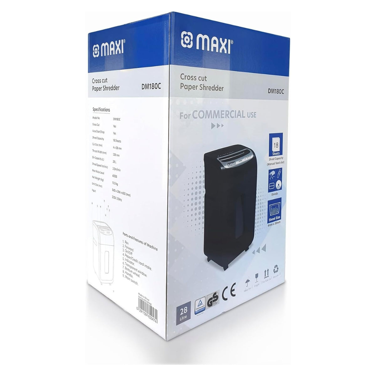 Maxi Cross Cut Shredder MX-DM180C – High Security Cross-Cut, 18-Sheet Capacity, 4×35mm Shred Size, 28L Bin, P-4 Security Level, Black