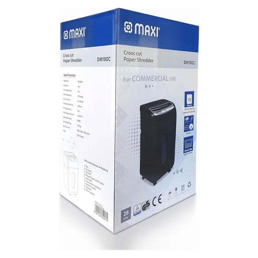 Maxi Cross Cut Shredder MX-DM180C – High Security Cross-Cut, 18-Sheet Capacity, 4×35mm Shred Size, 28L Bin, P-4 Security Level, Black
