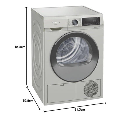Siemens IQ300 WQ41G20XGC  9kg Heat Pump Tumble Dryer,, Auto Dry Technology, No Towels Program, Fluff Filter, Yes Anti-Vibration Walls, Anti-Crease Function, Silver Inox