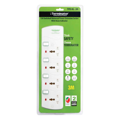 Terminator TPB 4G 4 Way Universal Power Extension Socket With 13A 3M & 5M Cable