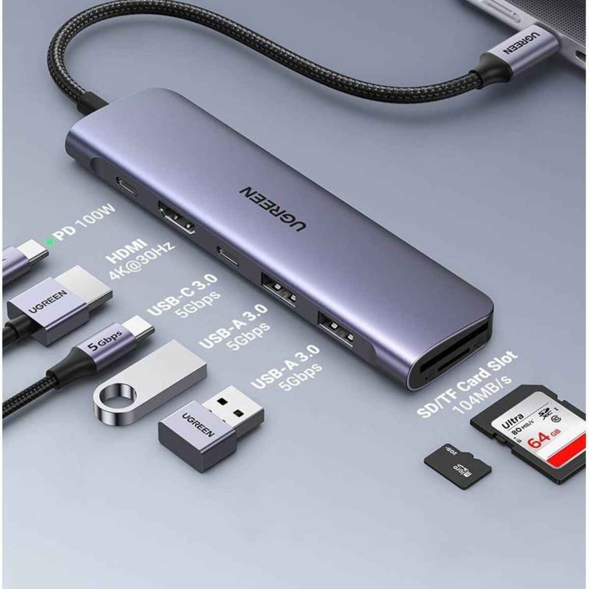 UGREEN Revodok 7-in-1 USB-C Hub, 4K HDMI, 5Gbps USB-C &amp; USB-A Data Ports, SD/MicroSD Card Reader, 100W Power Delivery, Braided Cable, Aluminum Alloy Shell, Grey | 15214