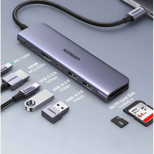 UGREEN Revodok 7-in-1 USB-C Hub, 4K HDMI, 5Gbps USB-C &amp; USB-A Data Ports, SD/MicroSD Card Reader, 100W Power Delivery, Braided Cable, Aluminum Alloy Shell, Grey | 15214