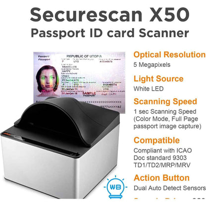 Plustek SecureScan X50 Passport Scanner – USB 2.0, 5 Megapixels, White LED, Compact MRTD &amp; ID Scanner