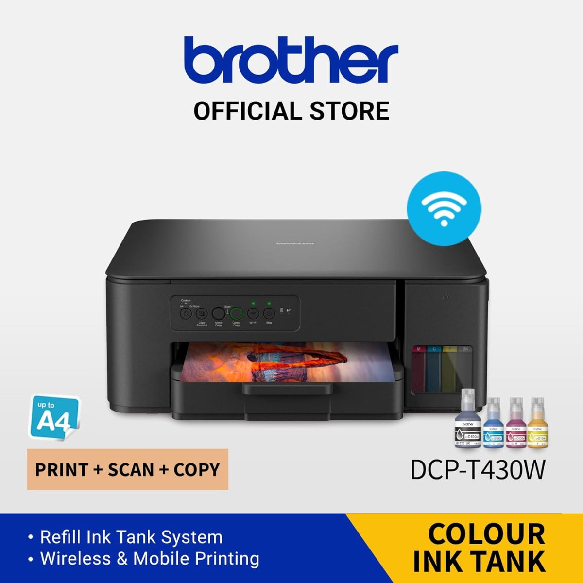 Brother DCP-T430W Ink Tank Printer, Up to 1200 x 6000 DPI Resolution, LED Display, Up to 16/9 IPM (Mono/Colour) A4 Print Speed, 128MB Memory Capacity, WiFi, WiFi-Direct, USB 2.0, Black | DCP-T430W