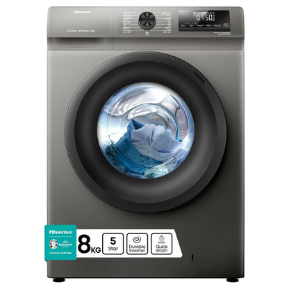 Hisense WFQP8012JTS Front Load Washing Machine, 8kg Capacity, Inverter Motor, 15 Wash Programs, 1200 RPM Spin Speed, Steam Care, White