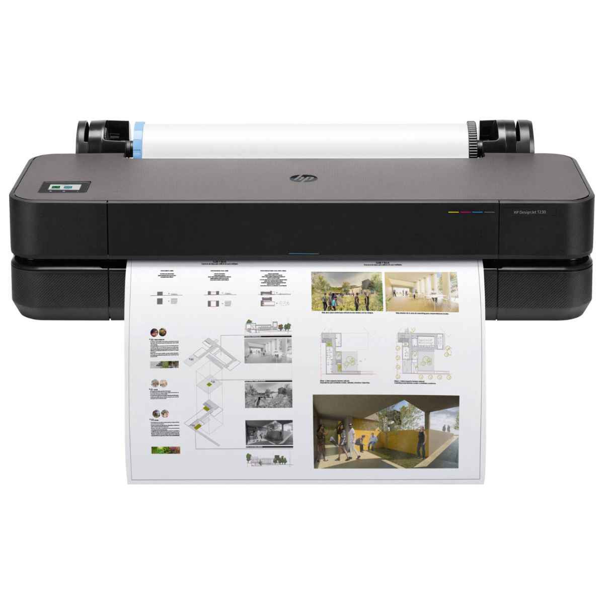 HP DesignJet T230 24" Inkjet Printer, Up to 5.5pl Ink Drop, 35 SPP Printed Speed, Up to 2400 x 1200 DPI Resolution, Sheet Feed, Roll Feed, Automatic Horizontal Cutter Output Handling, Black | 5HB07A