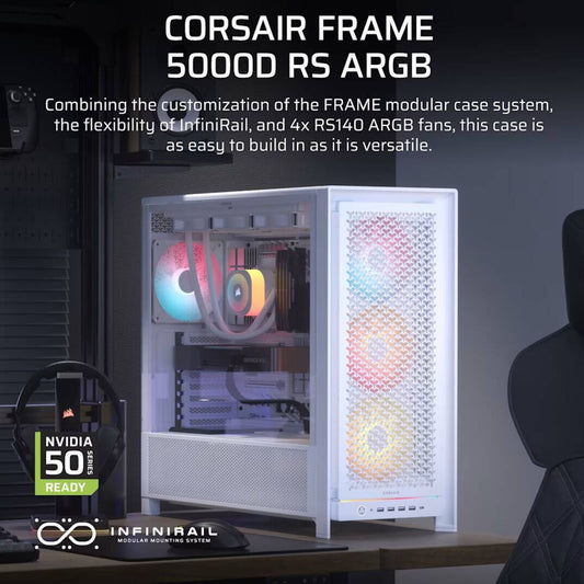 Corsair FRAME 5000D RS ARGB High-Airflow Mid-Tower PC Case – Modular Design, 4x ARGB Fans, Tempered Glass (White)