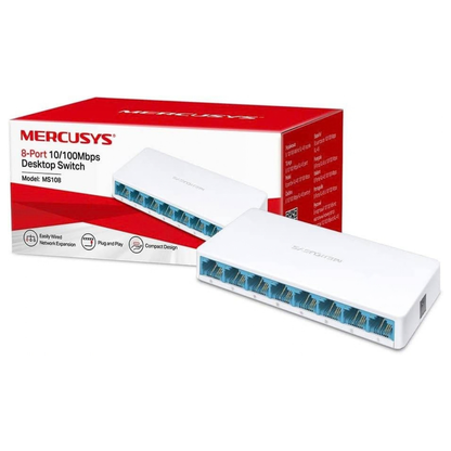 Mercusys MS108 8-Port Desktop Switch | 8× 10/100Mbps RJ45 Ports | 1.6Gbps Switching Capacity | Auto MDI/MDIX | Plug & Play | Fanless Design | Compact Desktop Switch