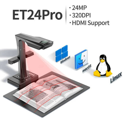 CZUR ET24 Pro Professional Book Scanner, 24 Megapixels, 1.5s Scanning Speed, 320 DPI, Auto Finger Removal Technology, Auto Scanning Engine, Auto Curve-Flattening Technology, Black | ET24 Pro