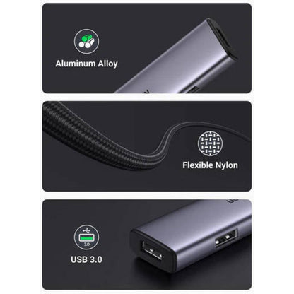 UGREEN 4-in-1 USB 3.0 Hub | 3 × USB 3.0 + USB Type-C Port | 5Gbps | External Power Port | Braided Nylon Cable | Gray | 20805