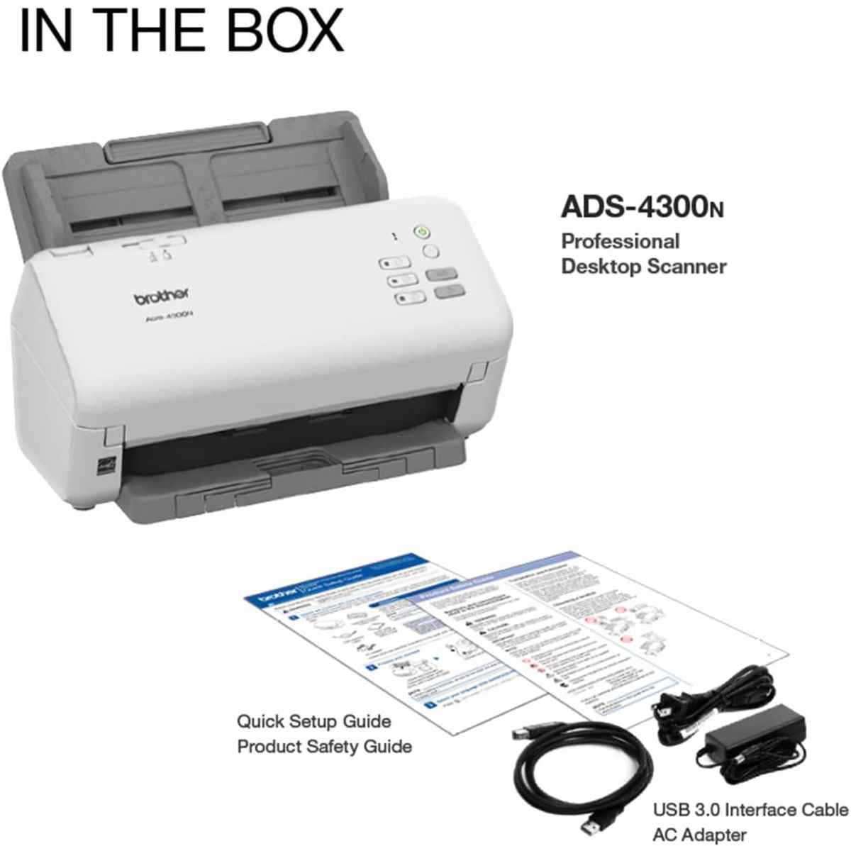 Brother ADS-4300N Scanner, 80 Sheets ADF, 40 PPM Simplex / 80 IPM Duplex Scan Speed, 600 DPI Resolution, Black/White | 5WDE0600173