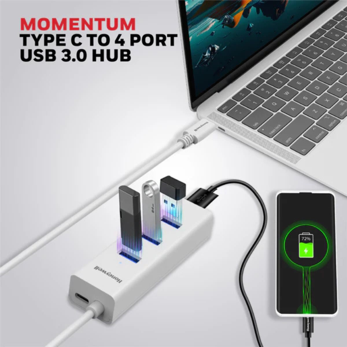 Honeywell Momentum Type C to 4xUSB 3.0 Hub, 5GBPS, Max Current 900mA per Port, Universally Compatible with All Type C- MacBook, Laptop, PC, Printer, Mobiles, Keyboard
