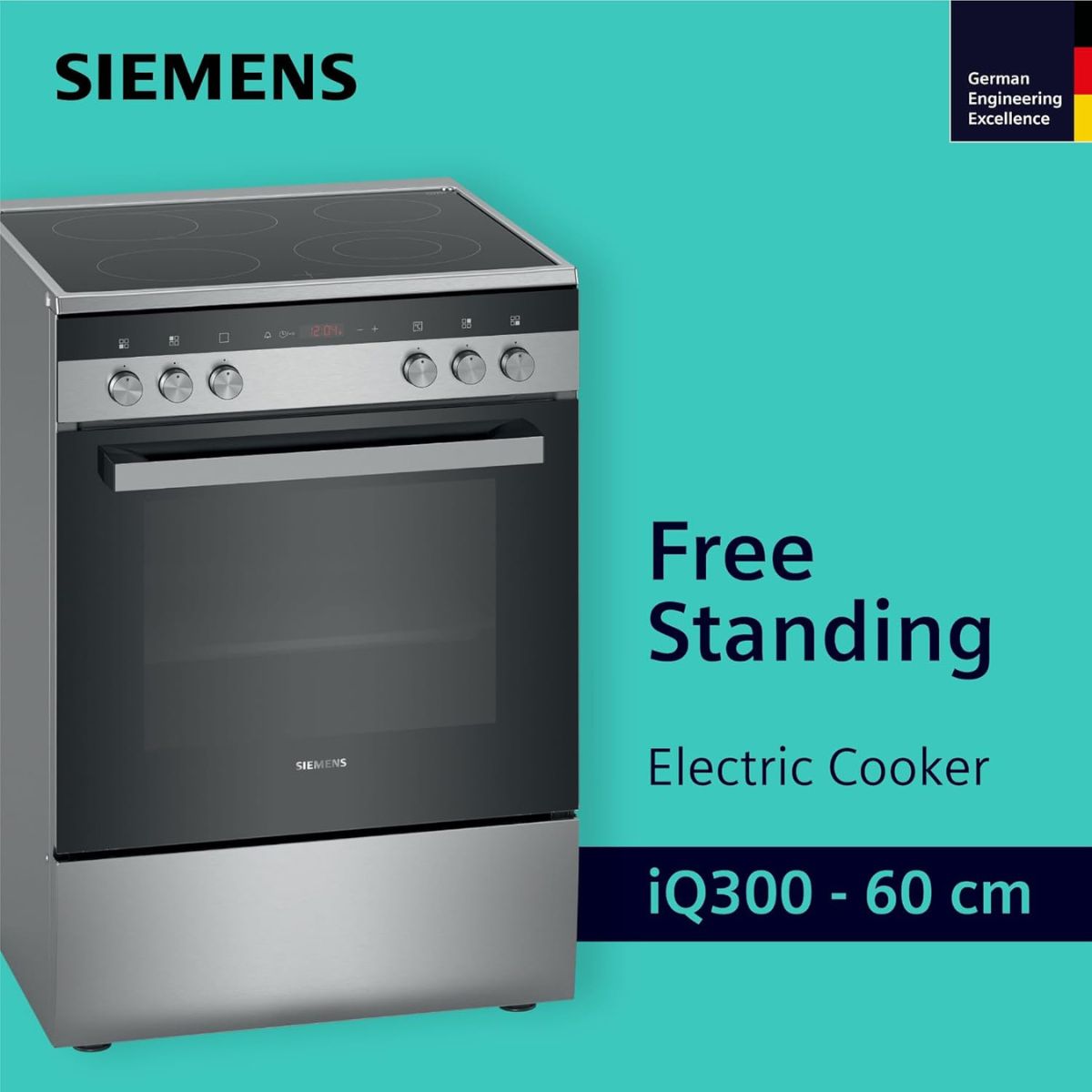 Siemens HK9R3A250M Free Standing Electric Cooker, Digital Display, 60cm Cooker, 9 Cooking Modes, Integrated Cleaning System, Red LED Display with Knob Control, Stainless Steel