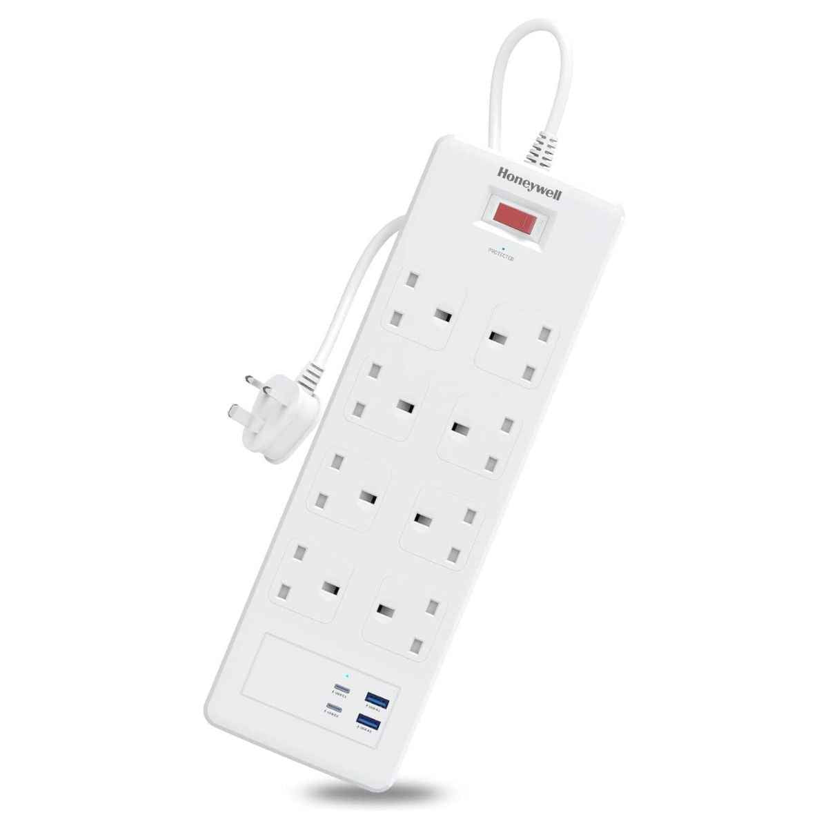 Honeywell Surge Protector - 8 Universal Sockets, 2xPD 20W & 2xUSB, 1.8 Meter Cord, White