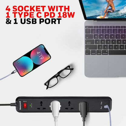 Honeywell Surge Protector, 4 Universal Sockets, 1× USB &amp; 1× PD 18W USB-C Port, 2 Meter Cable, Black | HC000022/SRG/2M/BLK/4/USB/PD18W/UK (Without Box)