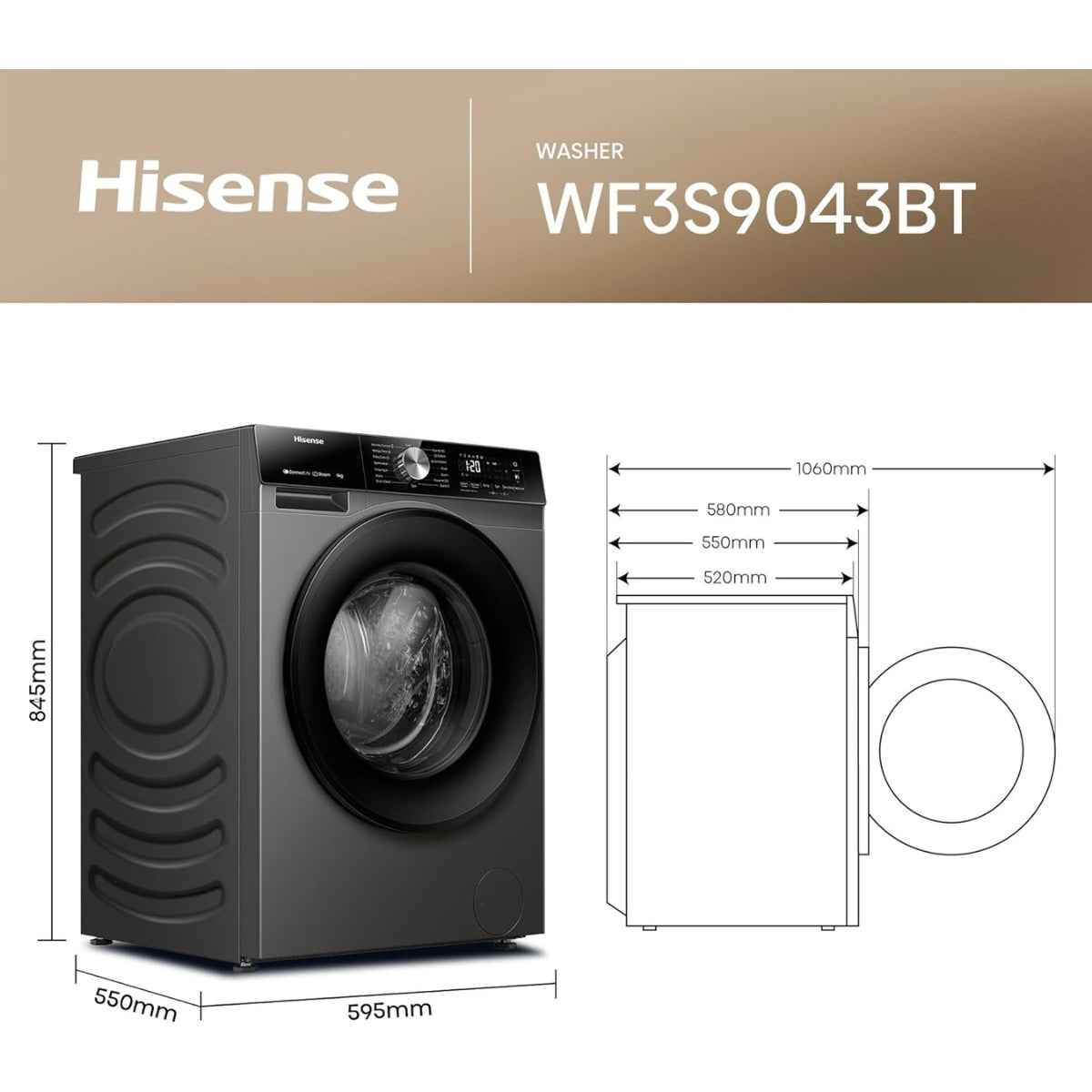 Hisense WF3S9043BT  9 kg Smart Front-Load Washing Machine – 1,400 rpm, Titanium Grey