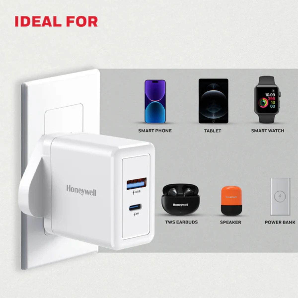 Honeywell Zest Charger PD30W, with Type C PD 3,0, Ultra-Fast Charging Compatible with iPhone, iPad, Samsung, Smartphones, Tablets, Power banks, Smart Watch, etc-White | HC000028/CHG/PD/WHT/30W/UK