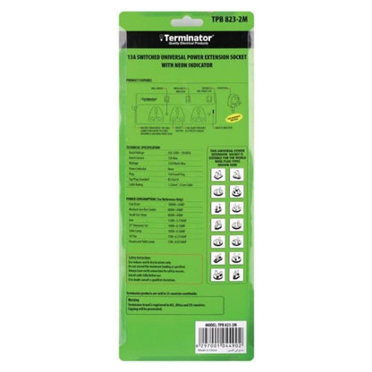Terminator TPB 823-2M 3-Way Universal Power Extension Socket | Individual Switches & Indicators | 2-Meter Cable
