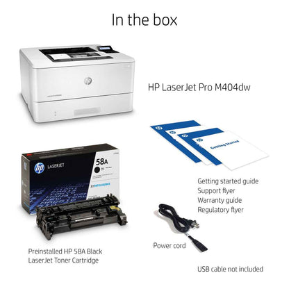 HP LaserJet Pro 404dw A4 Laser Printer, LCD Display, Up to 40ppm Print Speed, 1200x1200 dpi Resolution, Up to 80000 Pages Duty Cycle, USB,Ethernet,Wi-Fi, White | W1A56A