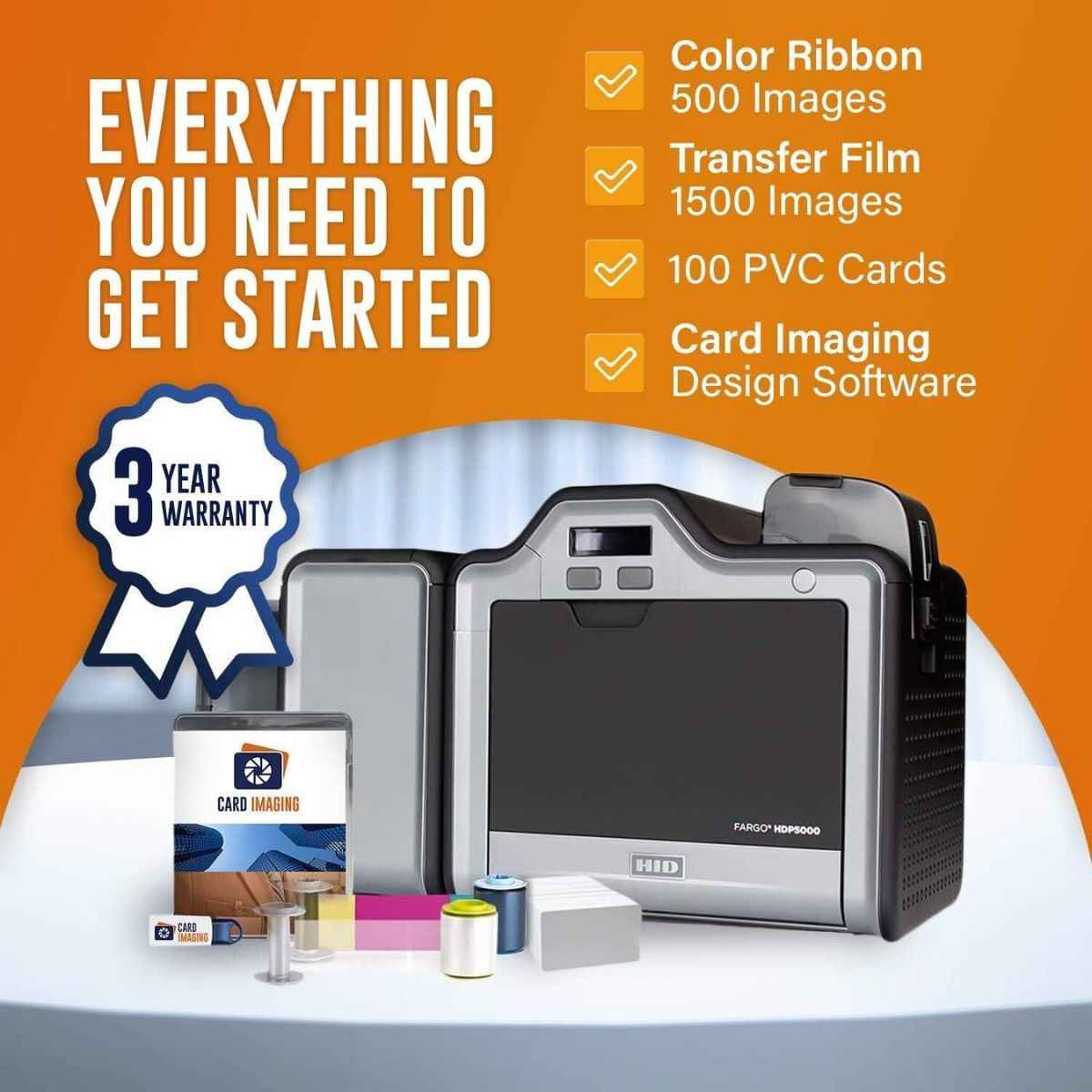 HID Card Imaging Fargo HDP5000 Dual Side High Definition ID Card Printer & Supplies Bundle Software,YMCK Ribbon (500 Images), HDP Film (1500 Images) | 89640