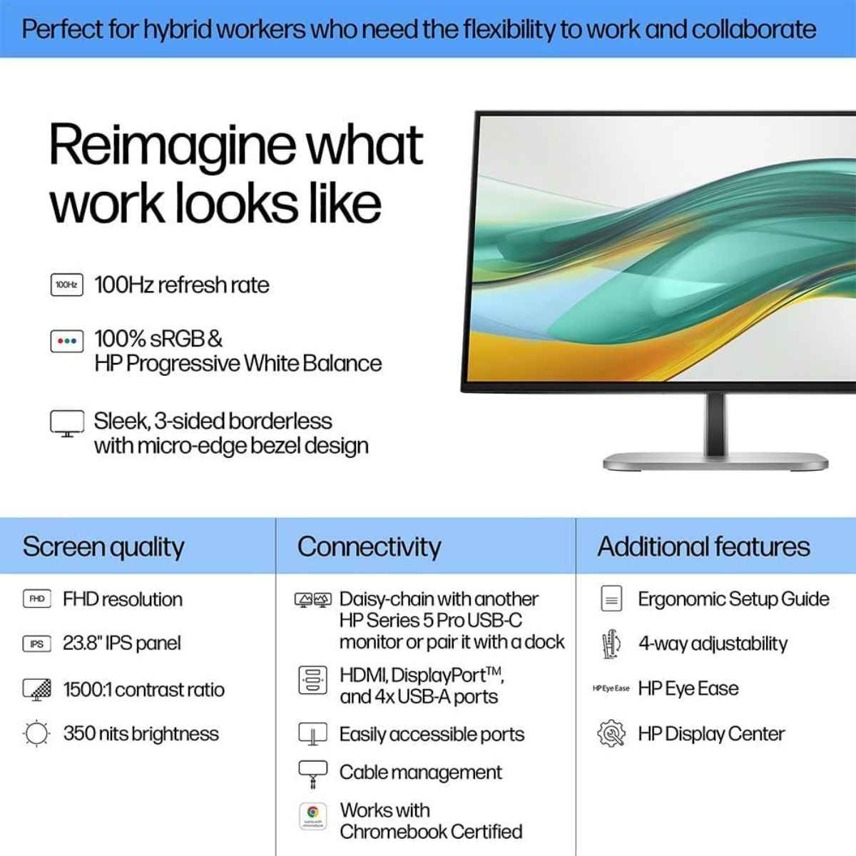 HP G3 Monitor, 24" WUXGA IPS Display, 60Hz Refresh Rate, 5ms (GtG with Overdrive) Response Time, On-Screen Controls, Adjustable Height & Pivot Rotation, 16 10 Aspect Ratio, Silver