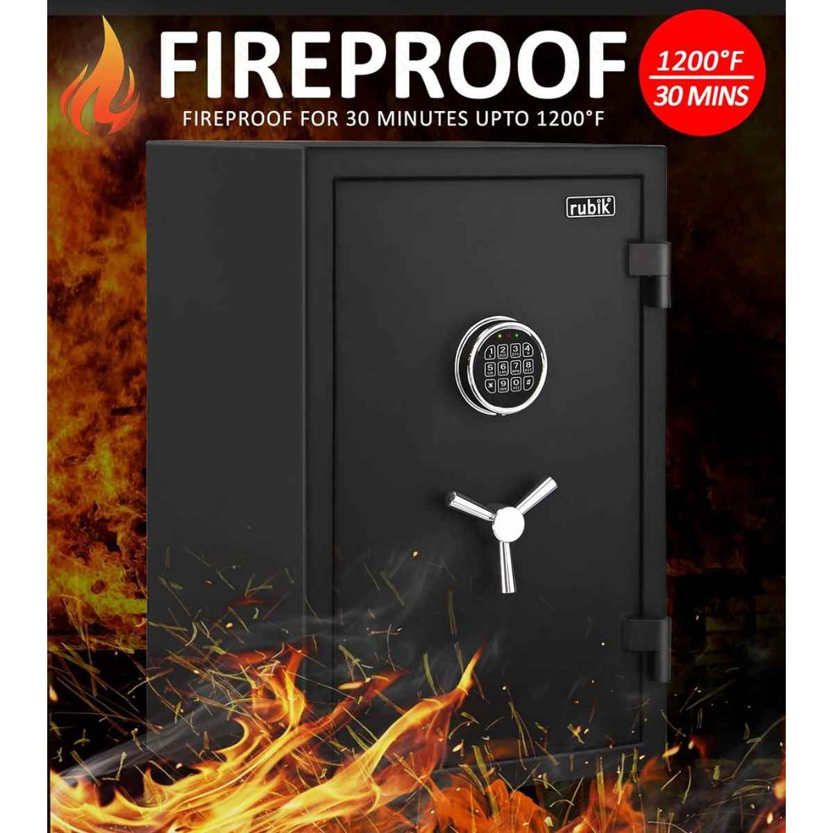 Rubik Fireproof Safe Box with Digital Keypad and Key Lock, 66x43x35cm, Black | RBFP66