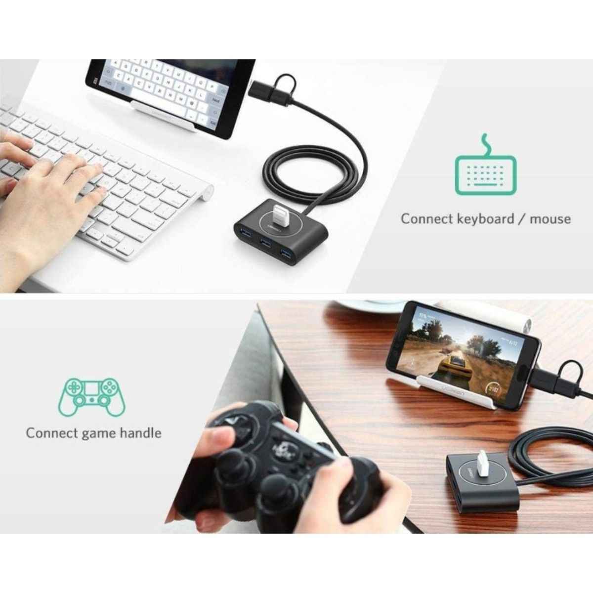UGREEN 40850 USB 3.0 Hub with USB-C Port – 1m Cable, LED Indicator, Multi-OS Compatible (Black)