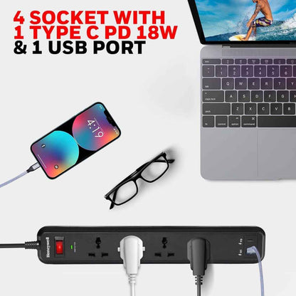 Honeywell Surge Protector - 4 Universal Sockets, 1xPD 18W & 1xUSB, 2 Meter Cord, Black
