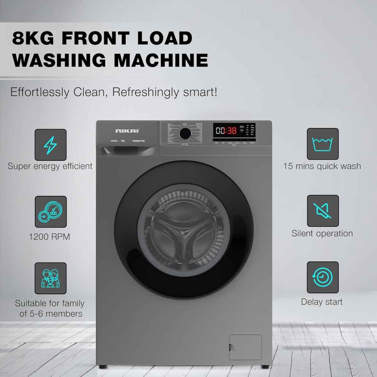 Nikai NWM801FN9S 8KG Front Load Washing Machine – 1200 RPM, 16 Programs, BLDC Inverter Motor, Steam Wash, Silver