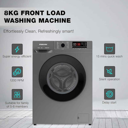 Nikai NWM801FN9S 8KG Front Load Washing Machine – 1200 RPM, 16 Programs, BLDC Inverter Motor, Steam Wash, Silver