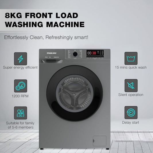Nikai NWM801FN9S 8KG Front Load Washing Machine – 1200 RPM, 16 Programs, BLDC Inverter Motor, Steam Wash, Silver