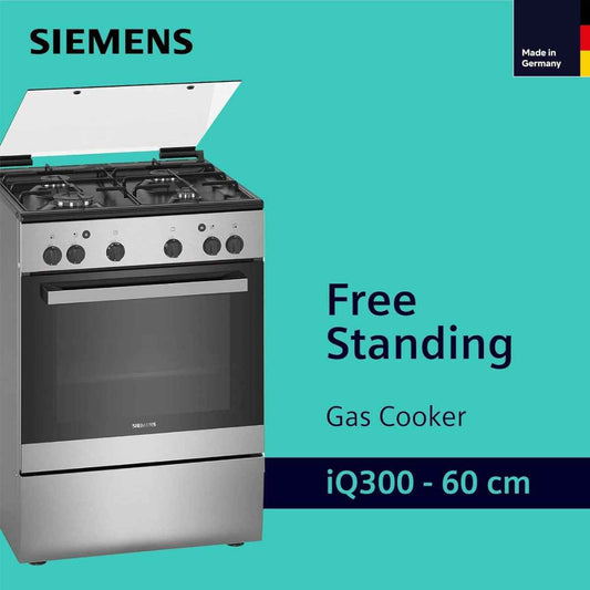 Siemens iQ300 Free-Standing Gas Cooker HG2L10B51M, 2 Standard, 1 Economy, 1 Rapid Burners, Glass Cover Lid, Knob Control Interface, Stainless Steel
