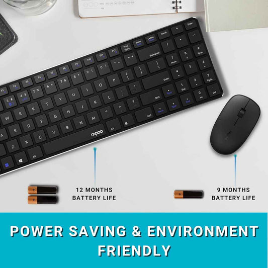 Rapoo 9320M Multi-Mode Wireless Keyboard & Mouse Combo – Bluetooth 3.0/4.0/5.0, 2.4GHz, Spill-Resistant, 1300 DPI Mouse