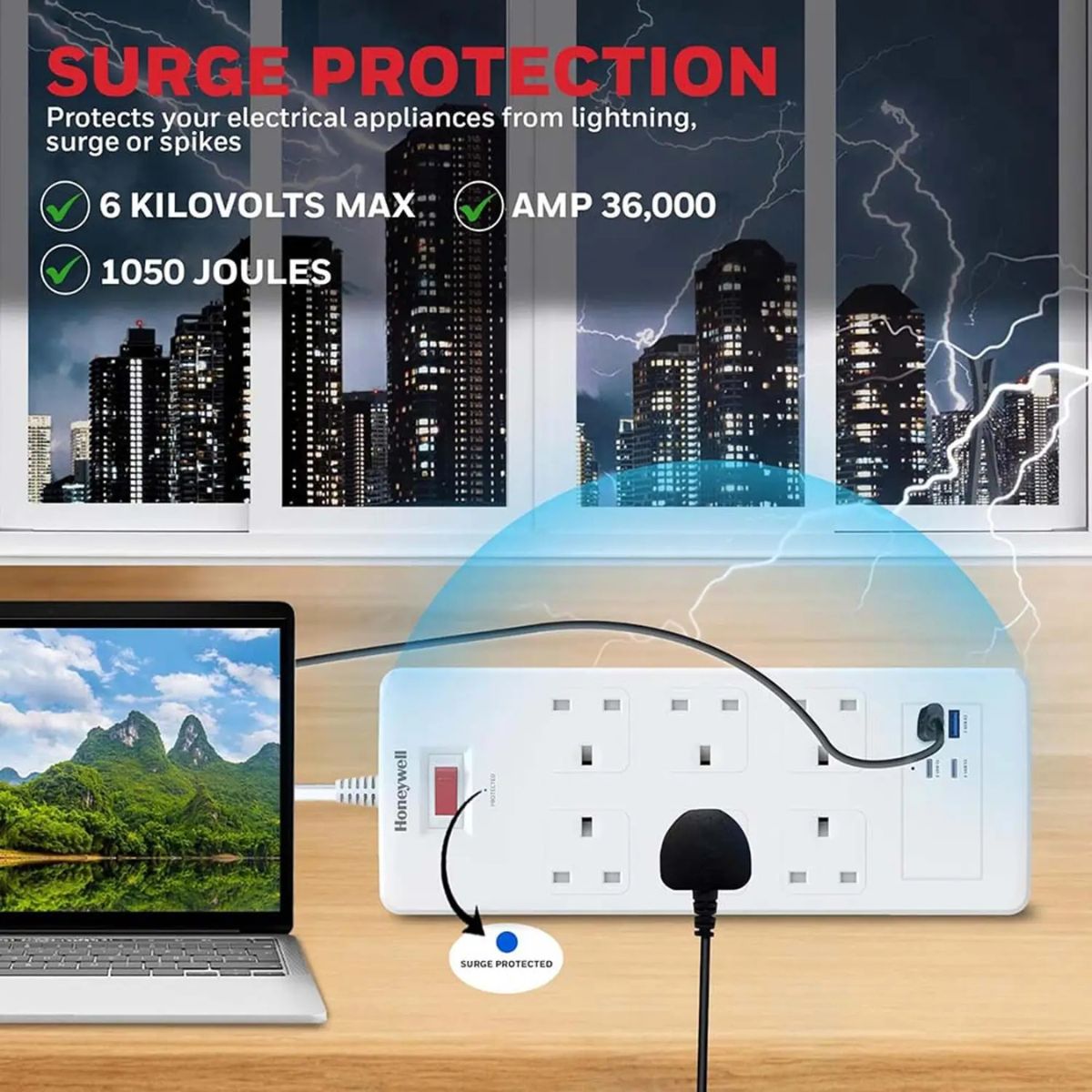 Honeywell Surge Protector - 6 Universal Sockets, 2xPD 20W & 2xUSB, 1.8 Meter Cord, White
